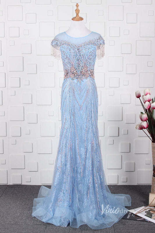 Prom Dress 2025 Light Blue Lace Beaded Prom Dresses Sheath Vintage Evening Dress FD2670-unique prom dresses-Light Blue-US 2-Viniodress