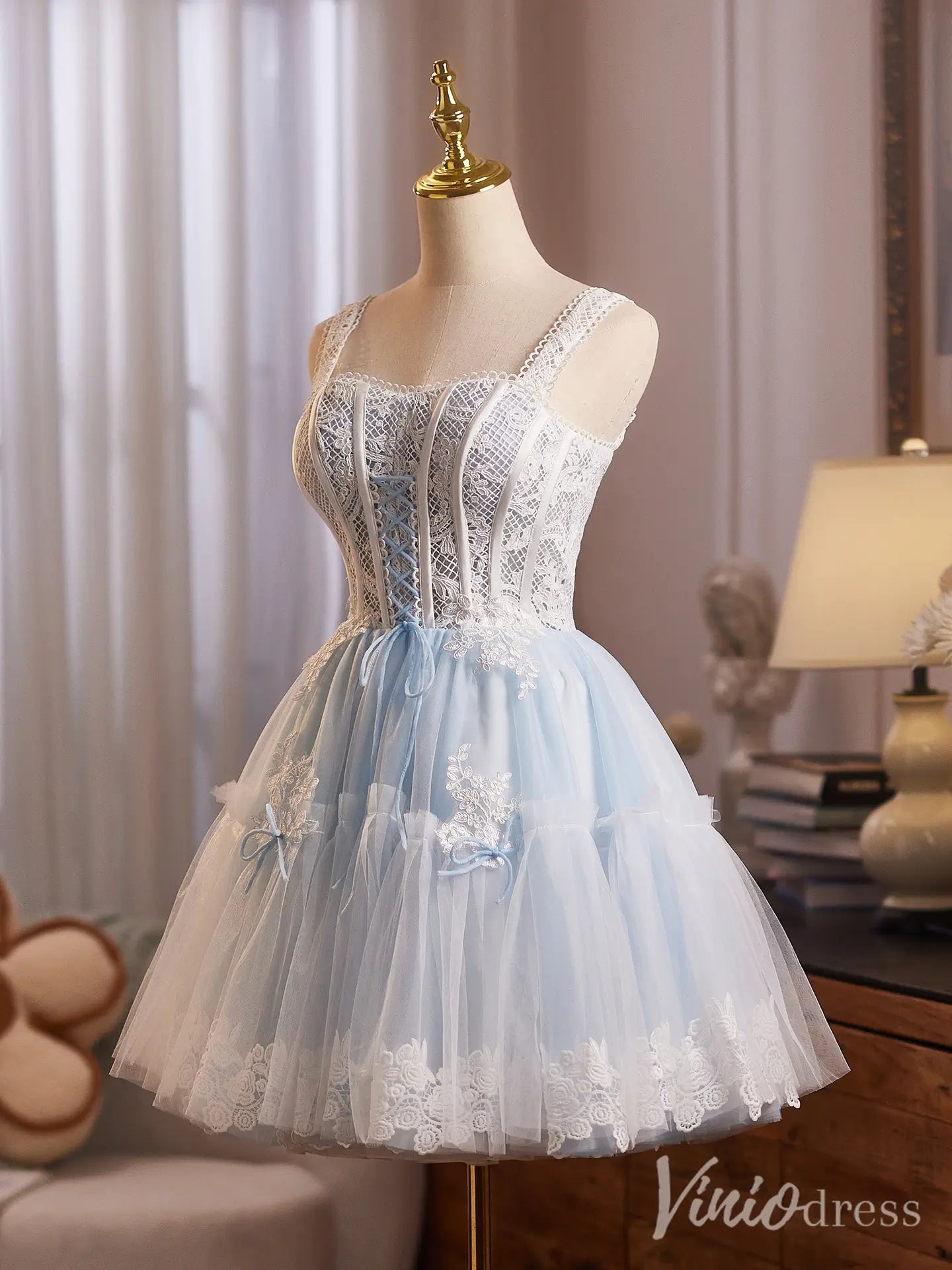 Light Blue Lace Corset Homecoming Dress with Square Neckline and Floral Tulle Skirt – BJ087-Homecoming Dresses 2025 -Viniodress-Light Blue-Custom Size-