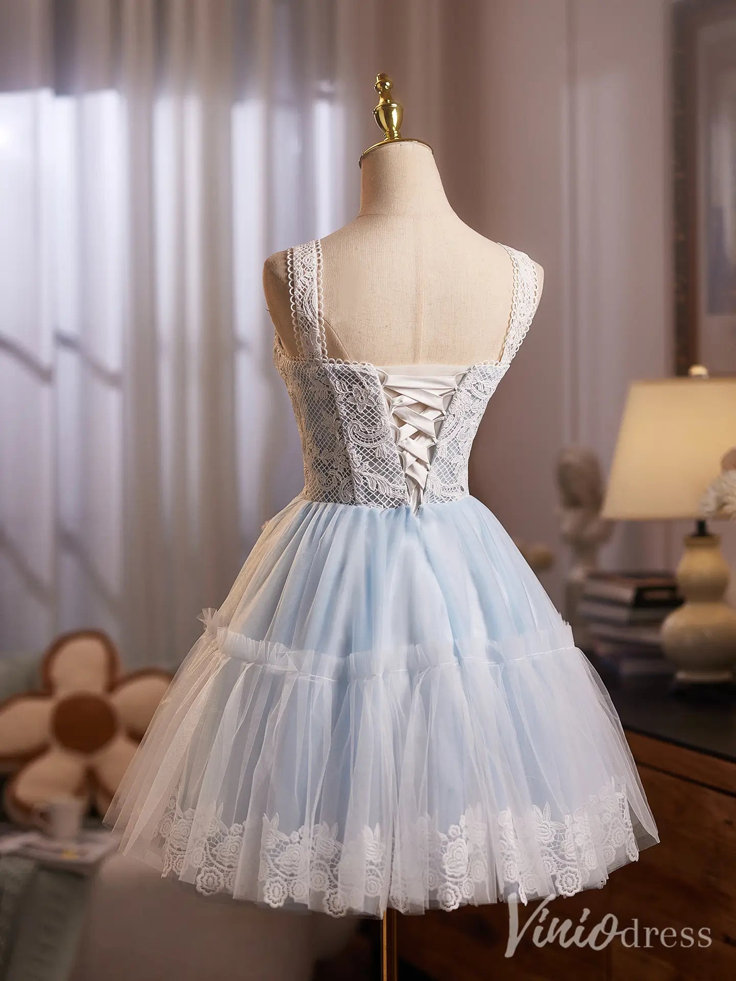 Light Blue Lace Corset Homecoming Dress with Square Neckline and Floral Tulle Skirt – BJ087-Homecoming Dresses 2025 -Viniodress-Light Blue-Custom Size-