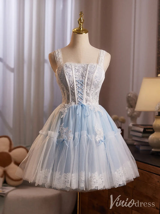 Light Blue Lace Corset Homecoming Dress with Square Neckline and Floral Tulle Skirt – BJ087-Homecoming Dresses 2025 -Viniodress-Light Blue-Custom Size-