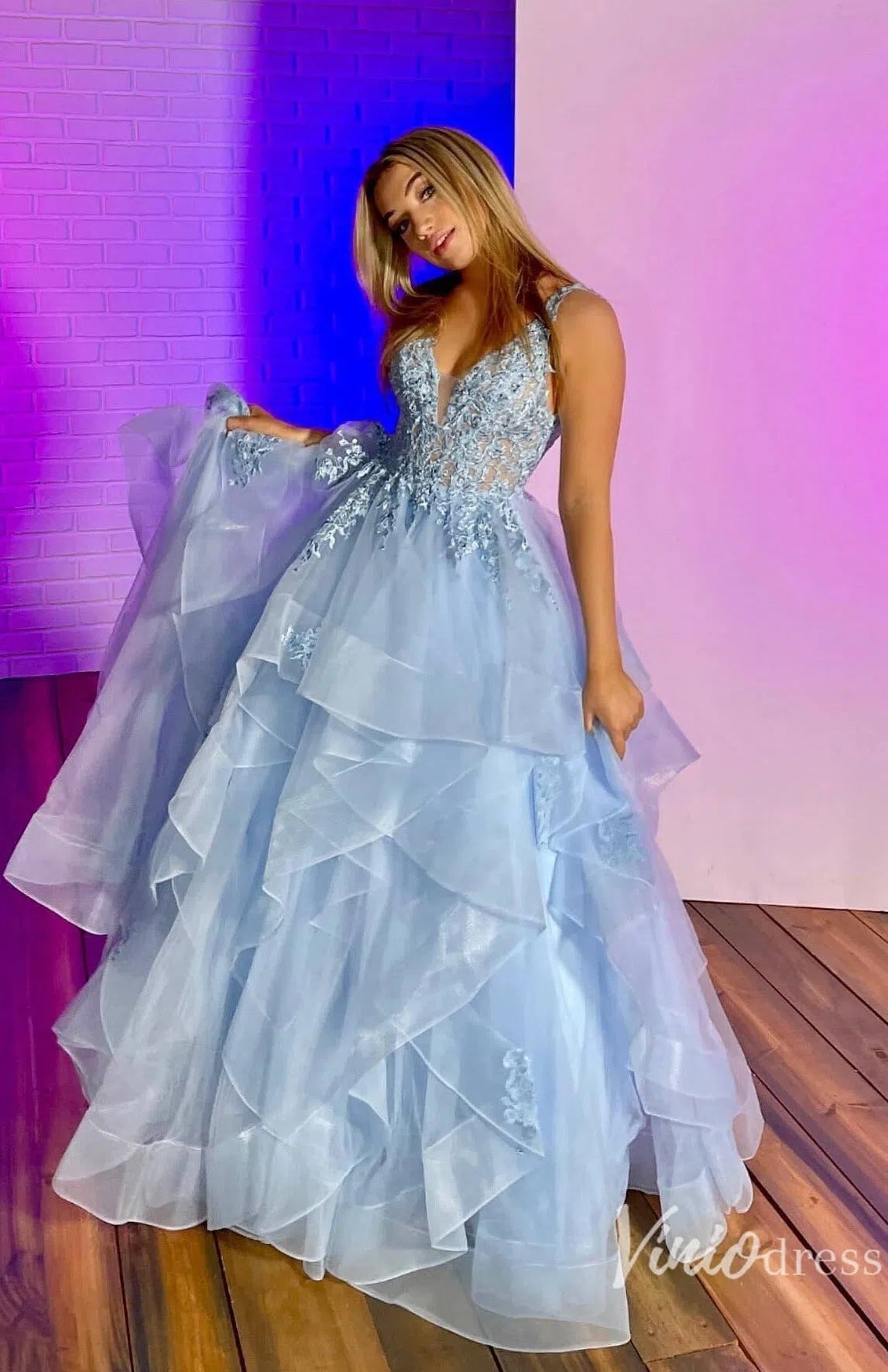 Prom Dress 2025 Light Blue Layered Ruffle Prom Dresses Lace Applique Evening Dress FD2915-unique prom dresses-Light Blue-Custom Size-Viniodress