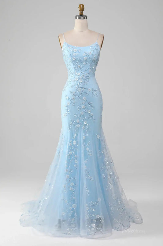 Light Blue Mermaid Prom Dress 2025 with Floral Lace & Spaghetti Straps – FD1594-prom dresses 2025 -Viniodress-Light Blue-Custom Size-