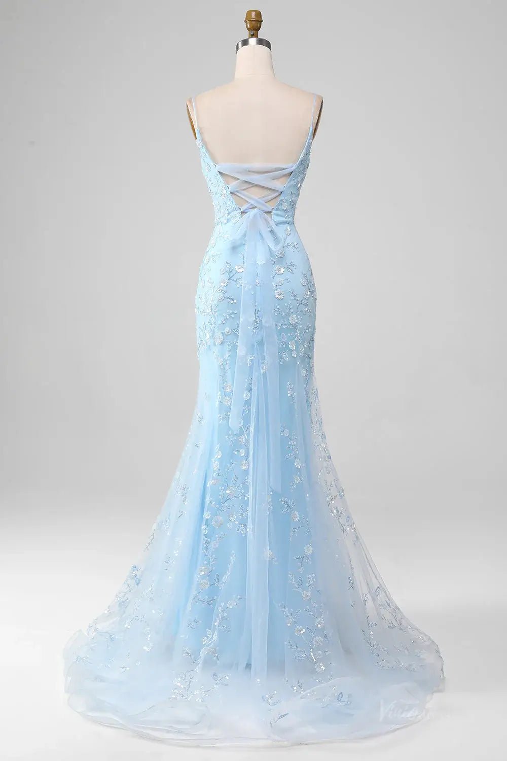 Light Blue Mermaid Prom Dress 2025 with Floral Lace & Spaghetti Straps – FD1594 - Viniodressprom dressesLight BlueCustom Size - Formal Dresses - Ball Gowns