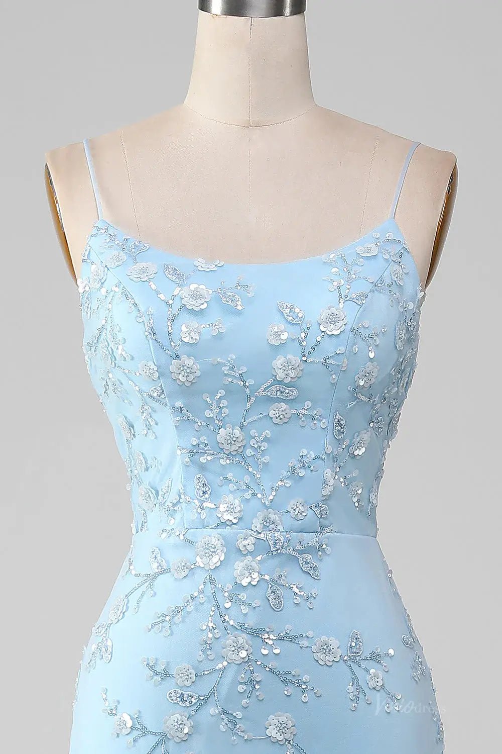 Light Blue Mermaid Prom Dress 2025 with Floral Lace & Spaghetti Straps – FD1594 - Viniodressprom dressesLight BlueCustom Size - Formal Dresses - Ball Gowns