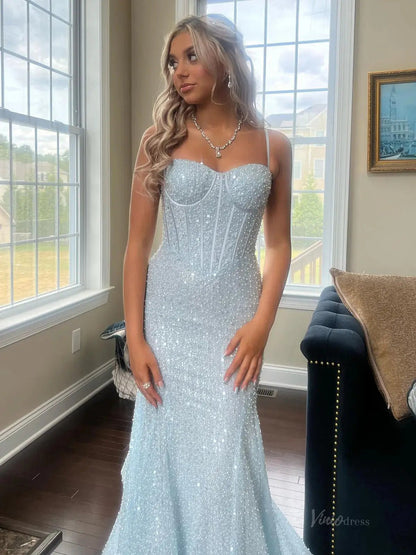Light Blue Mermaid Prom Dresses 2025 with Spaghetti Strap & Boned Bodice – FD5083-prom dresses 2025 -Viniodress-Blue-Custom Size-