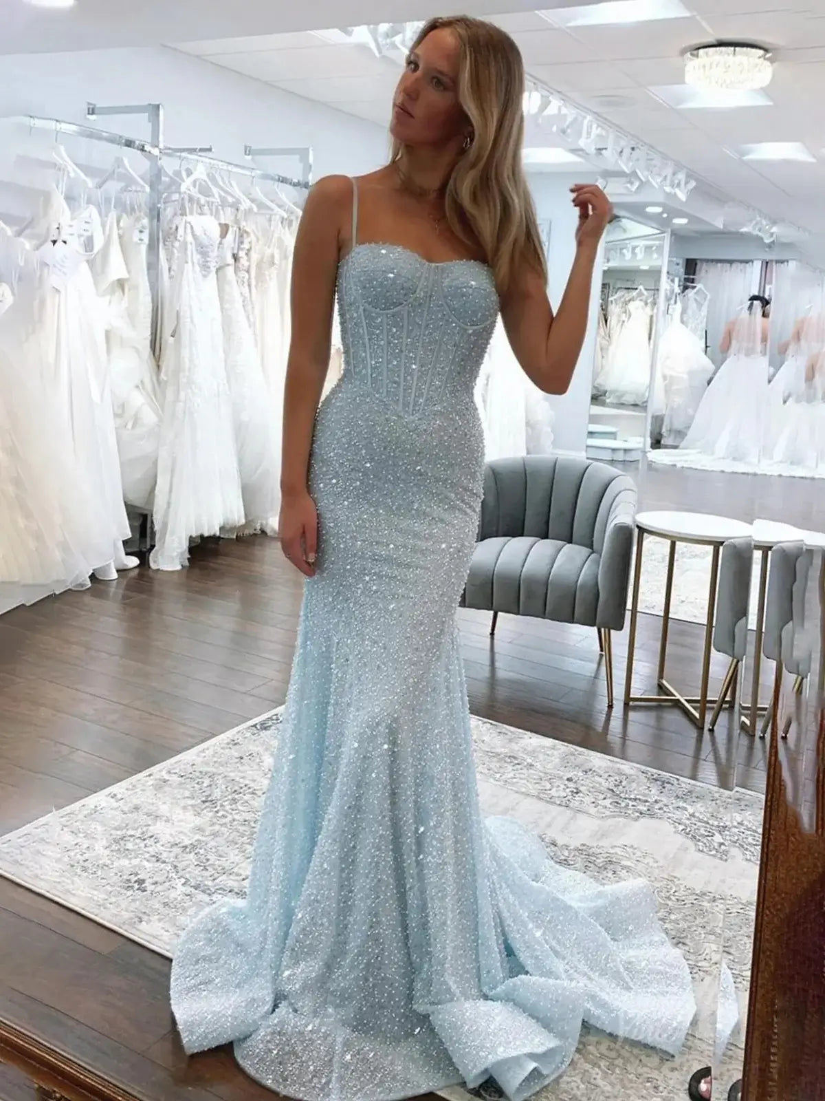 prom dresses 2025 Light Blue Mermaid Prom Dresses 2025 with Spaghetti Strap & Boned Bodice – FD5083-plus size wedding dresses Viniodress-Blue-Custom Size-