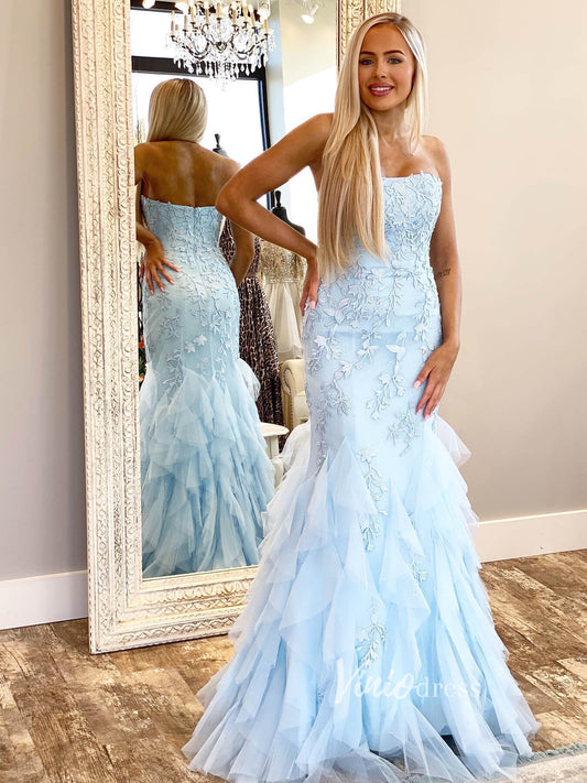 Light Blue Mermaid Prom Dresses Layered Ruffle Formal Dress FD2728-prom dresses 2025 -Viniodress-Light Blue-Custom Size-
