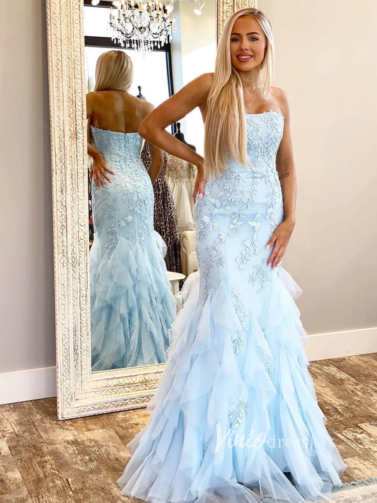 Light Blue Mermaid Prom Dresses Layered Ruffle Formal Dress FD2728-prom dresses 2025 -Viniodress-Light Blue-Custom Size-