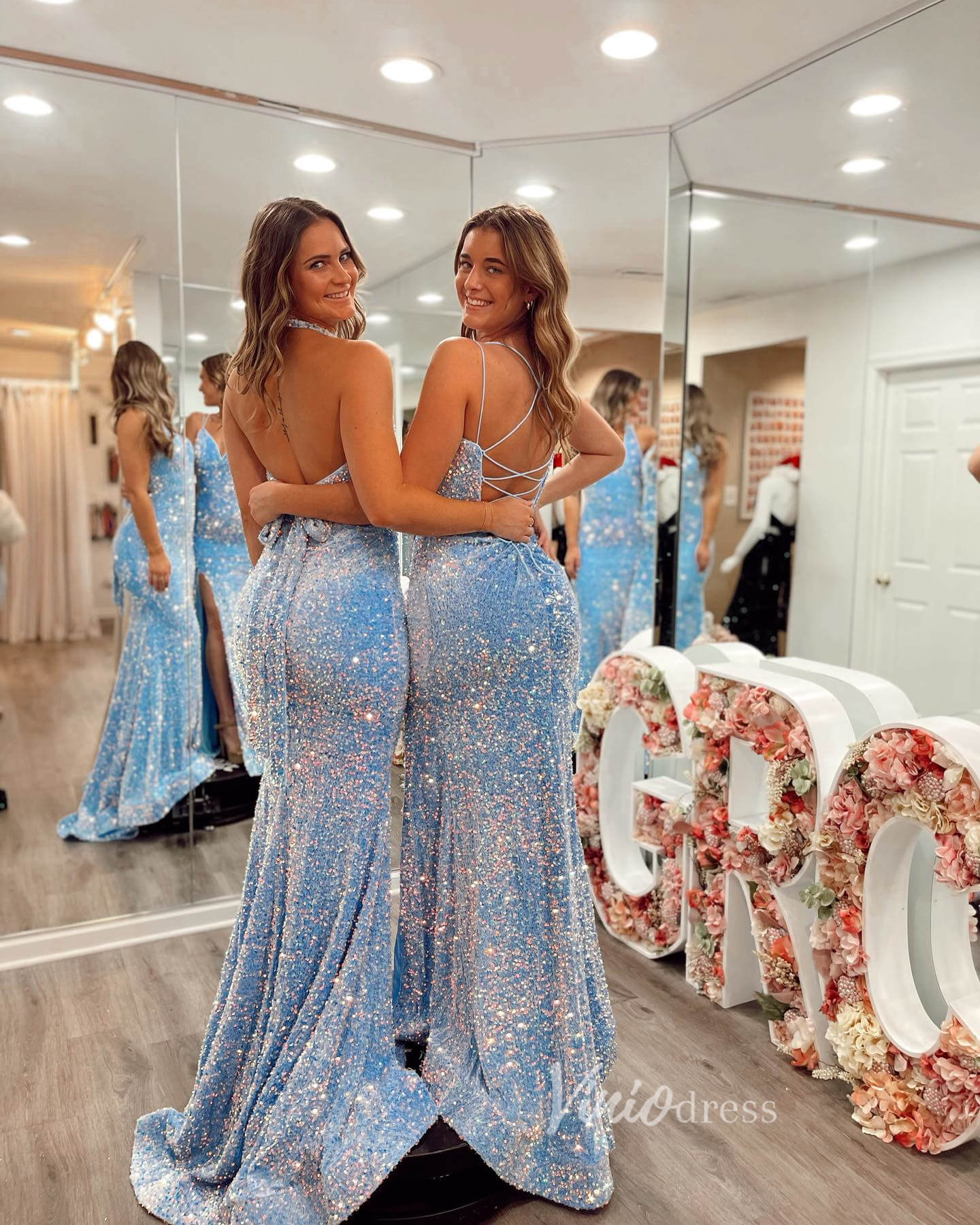 Light Blue Mermaid Prom Dresses Velvet Sequin Evening Dress FD3623-prom dresses 2025 -Viniodress-Light Blue-Custom Size-Halter Neck