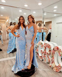 Light Blue Mermaid Prom Dresses Velvet Sequin Evening Dress FD3623-prom dresses-Viniodress-Viniodress