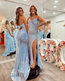 Light Blue Mermaid Prom Dresses Velvet Sequin Evening Dress FD3623