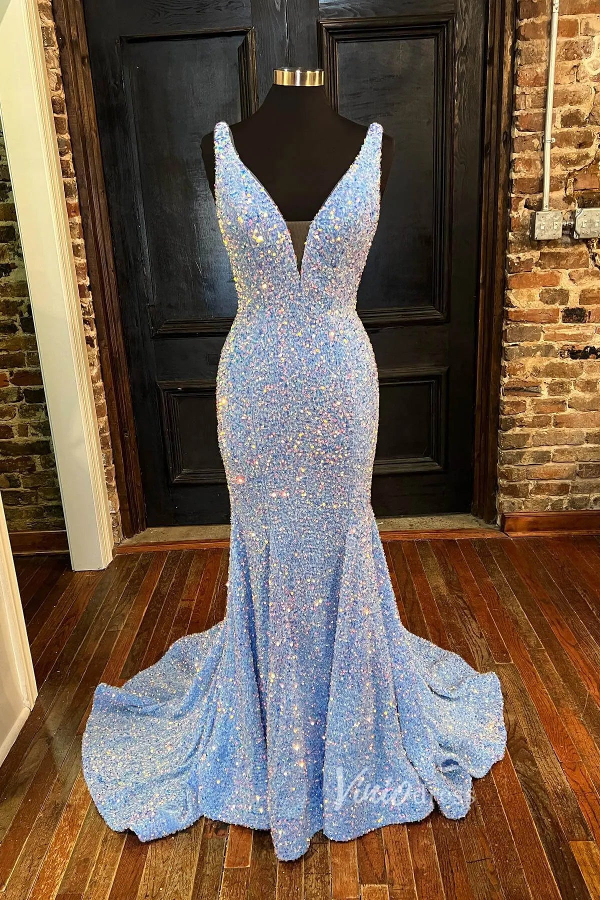 Light Blue Mermaid Sequin Prom Dress Plunging V-Neck Formal Dresses FD2957-prom dresses 2025 -Viniodress-Light Blue-Custom Size-