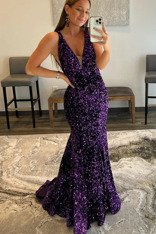 Light Blue Mermaid Sequin Prom Dress Plunging V-Neck Formal Dresses FD2957-prom dresses 2025 -Viniodress-Purple-Custom Size-