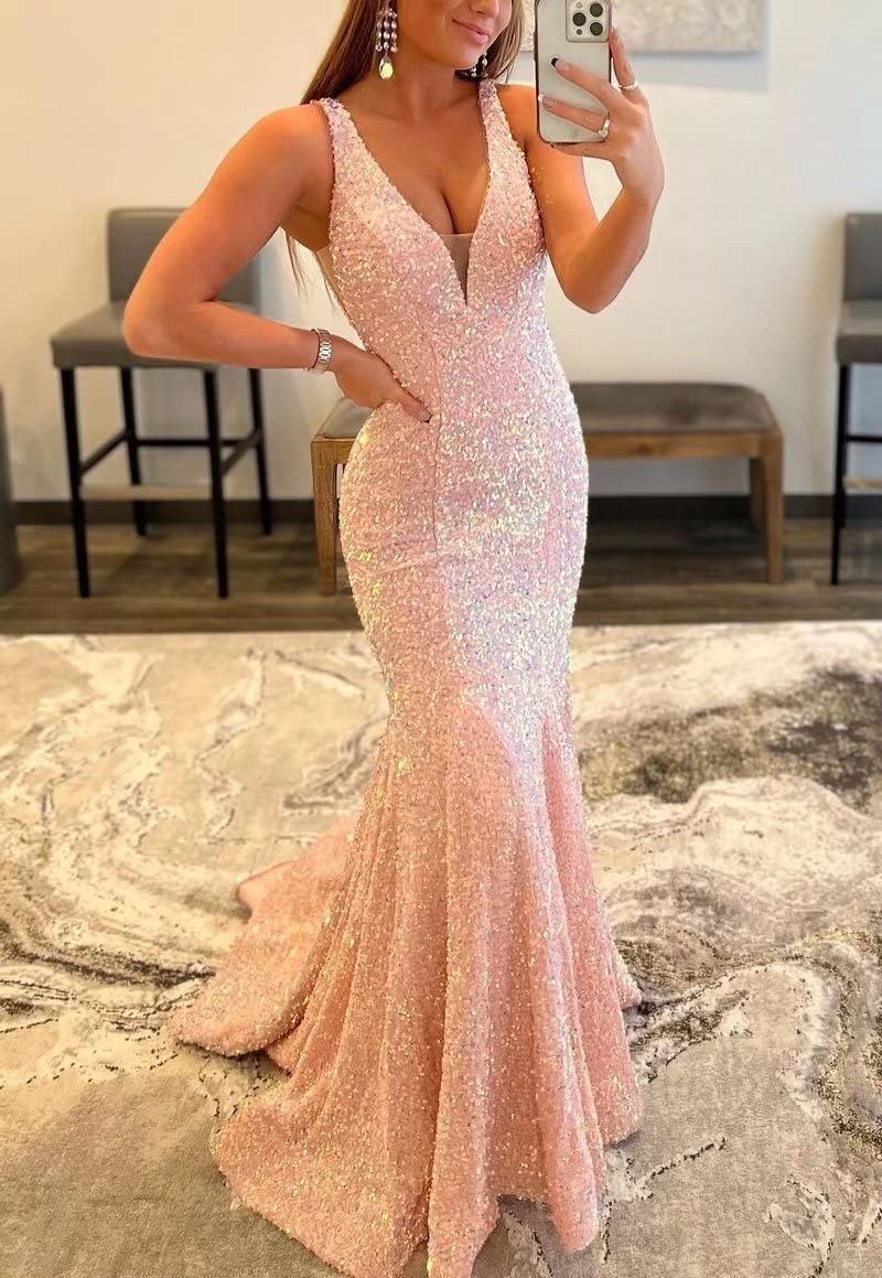 Prom Dress 2025 Light Blue Mermaid Sequin Prom Dress Plunging V-Neck Formal Dresses FD2957-unique prom dresses-Blush Pink-Custom Size-Viniodress