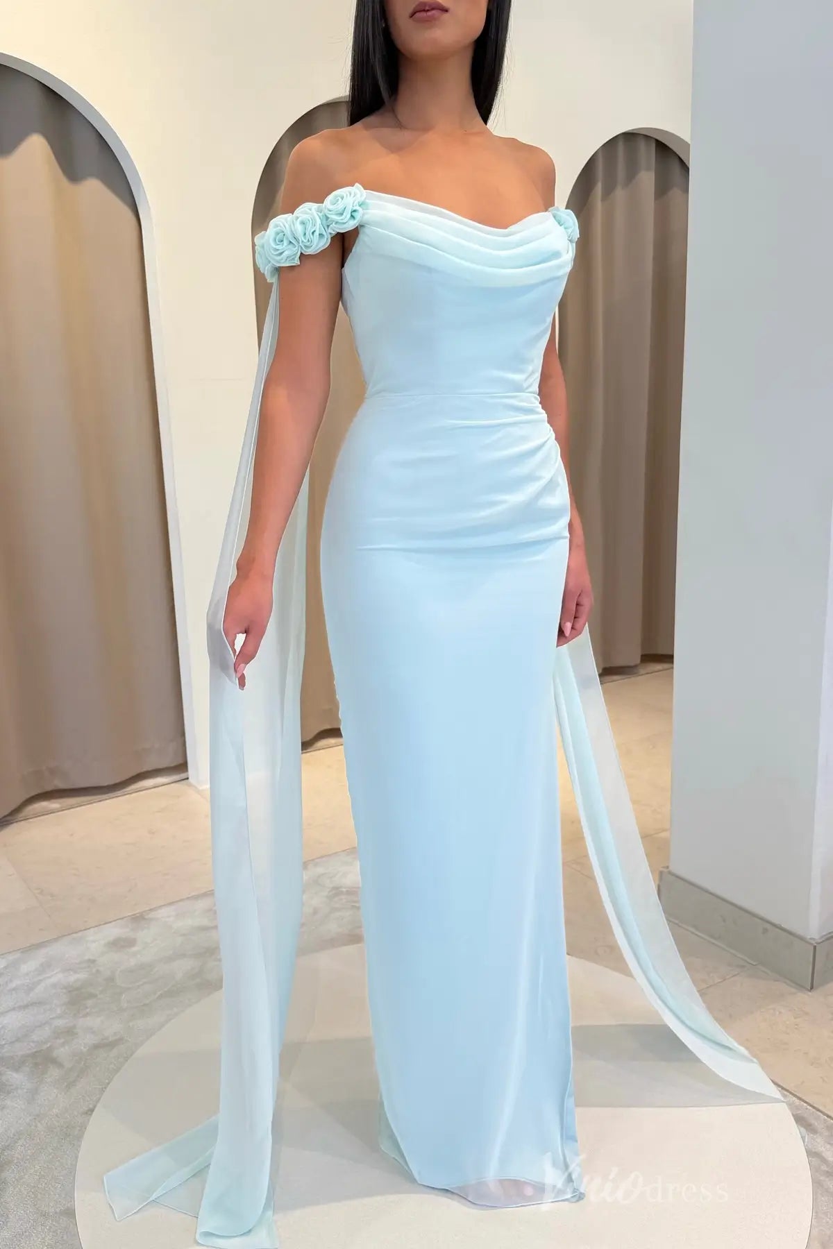 Light Blue Off-Shoulder Formal Dress with Draped Bodice, Rosette Straps and Chiffon Streamers – SS052-prom dresses 2025 -Viniodress-Light Blue-Custom Size-