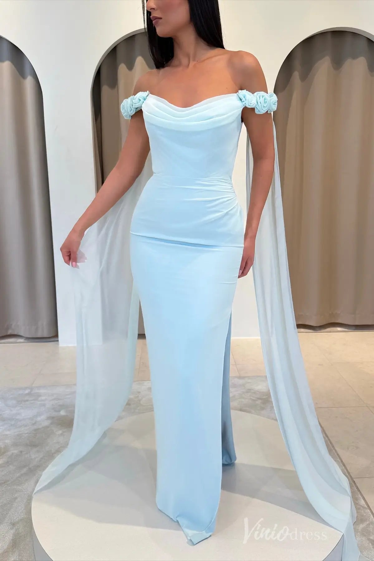 Light Blue Off-Shoulder Formal Dress with Draped Bodice, Rosette Straps and Chiffon Streamers – SS052-prom dresses 2025 -Viniodress-Light Blue-Custom Size-