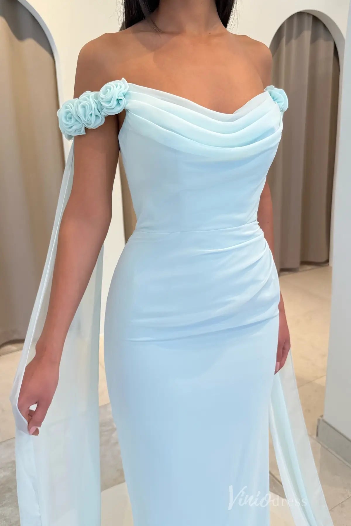 Light Blue Off-Shoulder Formal Dress with Draped Bodice, Rosette Straps and Chiffon Streamers – SS052-prom dresses 2025 -Viniodress-Light Blue-Custom Size-