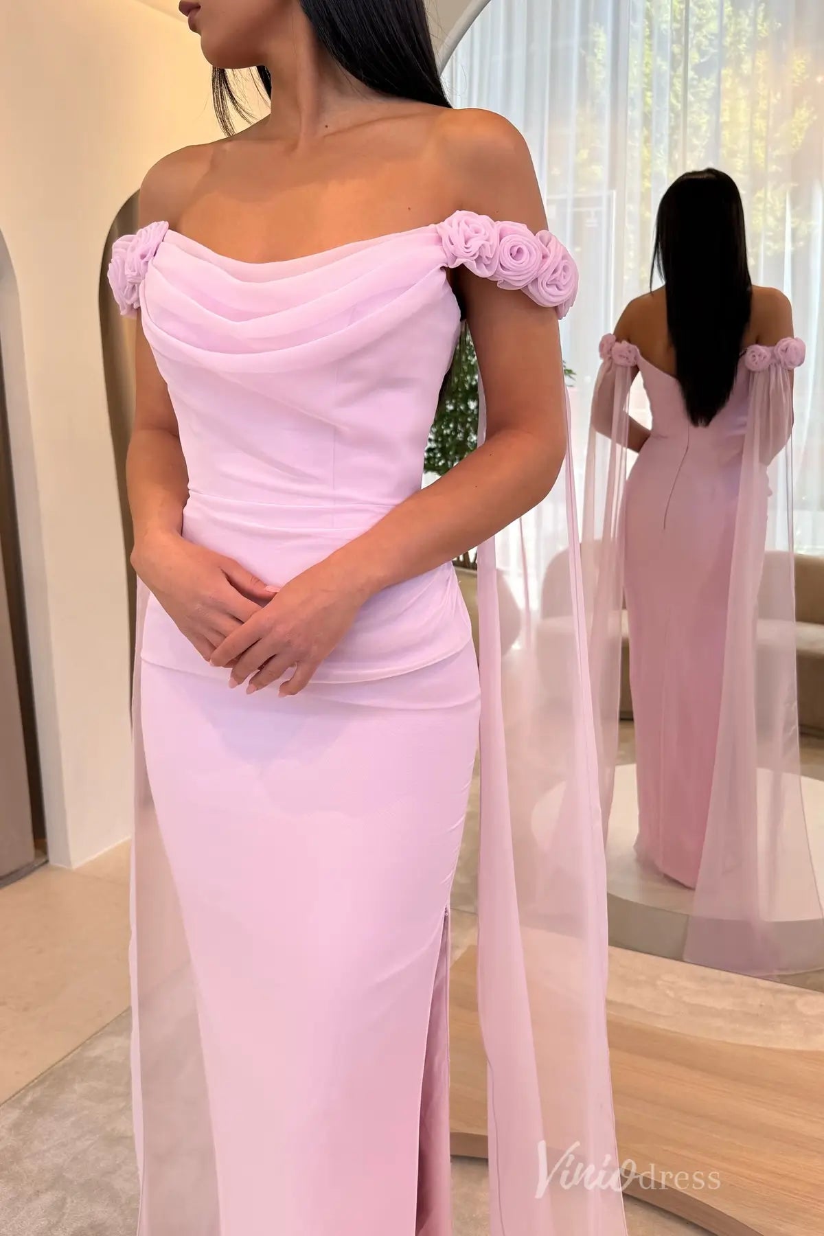 Light Blue Off-Shoulder Formal Dress with Draped Bodice, Rosette Straps and Chiffon Streamers – SS052-prom dresses 2025 -Viniodress-Light Blue-Custom Size-