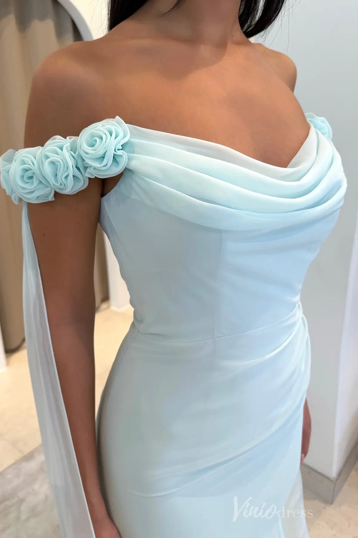 Light Blue Off-Shoulder Dress with Draped Bodice and Rosette Straps SS052 Viniodress Light Blue Off-Shoulder Dress with Draped Bodice and Rosette Straps SS052 Viniodress