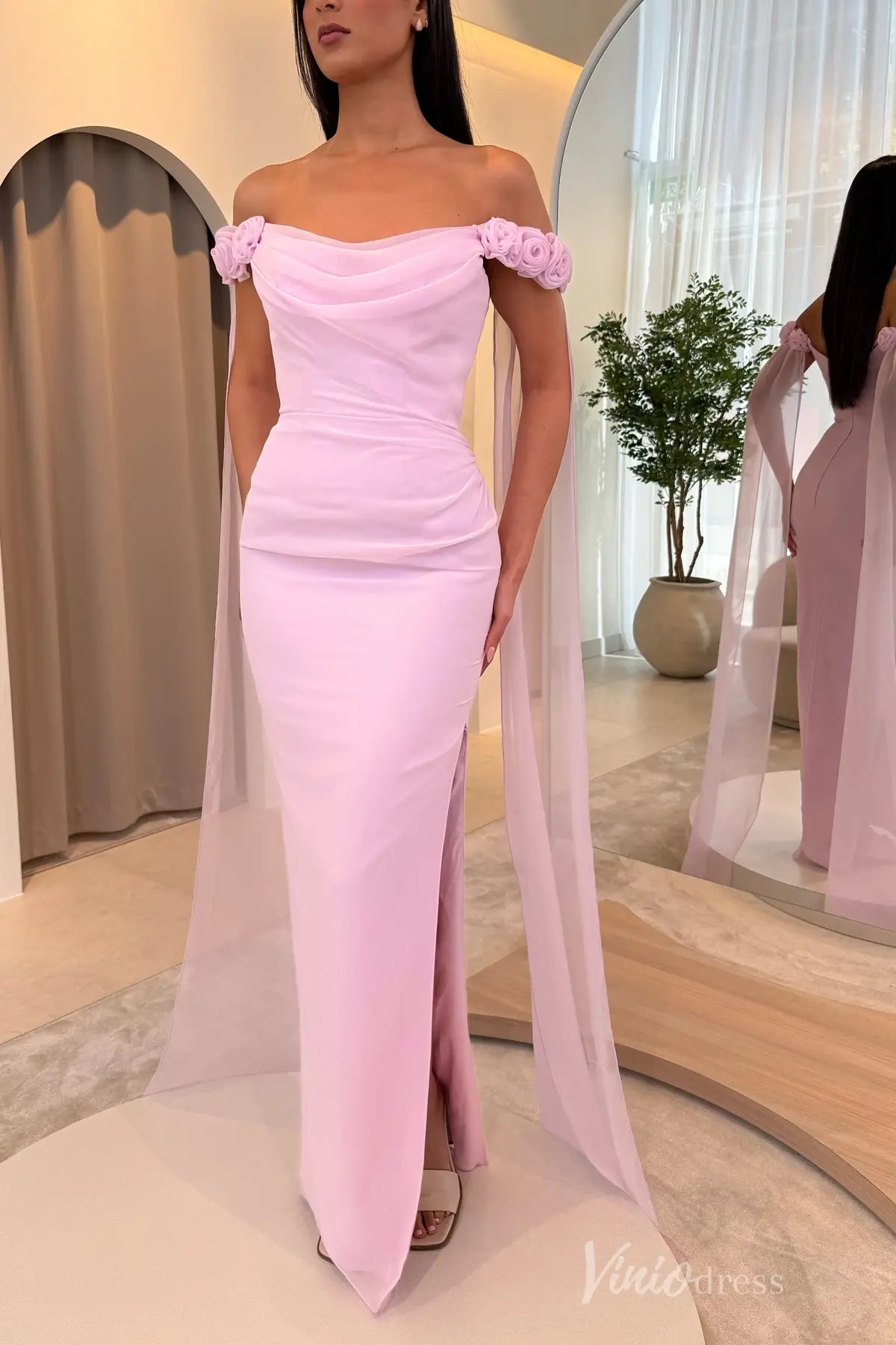 Light Blue Off-Shoulder Formal Dress with Draped Bodice, Rosette Straps and Chiffon Streamers – SS052-prom dresses 2025 -Viniodress-Pink-Custom Size-