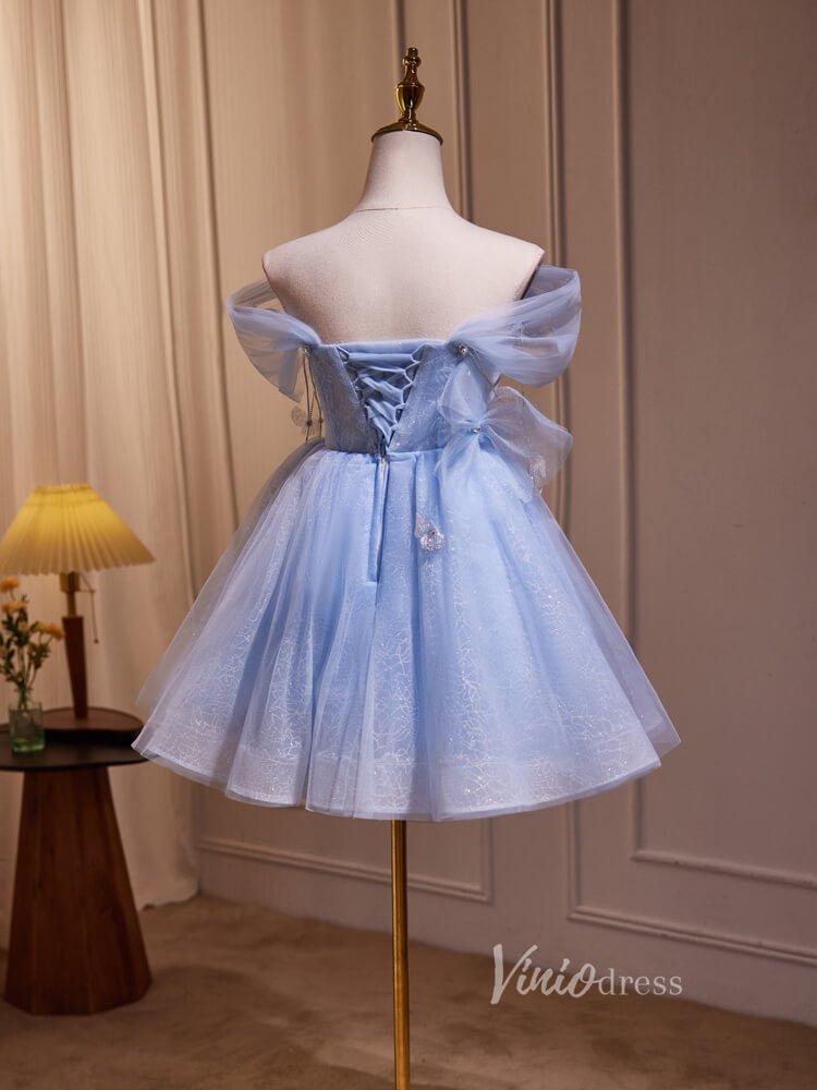 Light Blue Off the Shoulder Homecoming Dresses Beaded String Sparkly L Viniodress Light Blue Off the Shoulder Homecoming Dresses Beaded String Sparkly L Viniodress