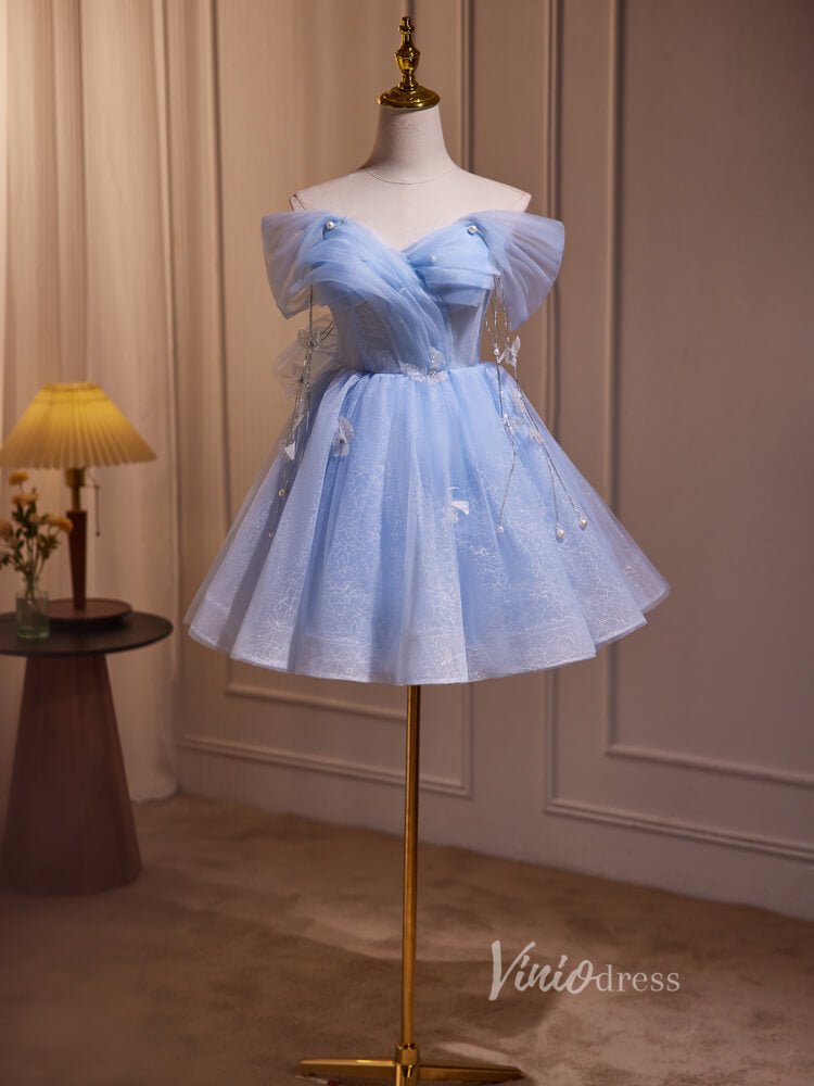 Light Blue Off the Shoulder Homecoming Dresses Beaded String Sparkly L Viniodress Light Blue Off the Shoulder Homecoming Dresses Beaded String Sparkly L Viniodress