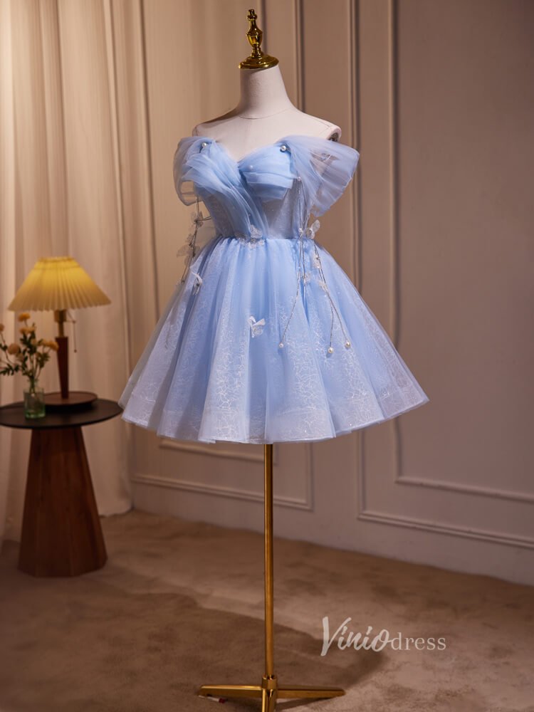 Light Blue Off the Shoulder Homecoming Dresses Beaded String Sparkly Lace BJ002-prom dresses 2025 -Viniodress-Light Blue-Custom Size-