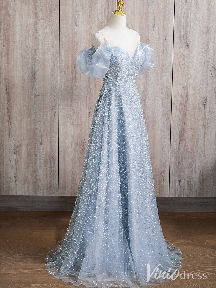 Light Blue Off the Shoulder Prom Dresses Beaded Ruffled Evening Dress AD1372 - Viniodressprom dressesLight BlueCustom Size - Formal Dresses - Ball Gowns