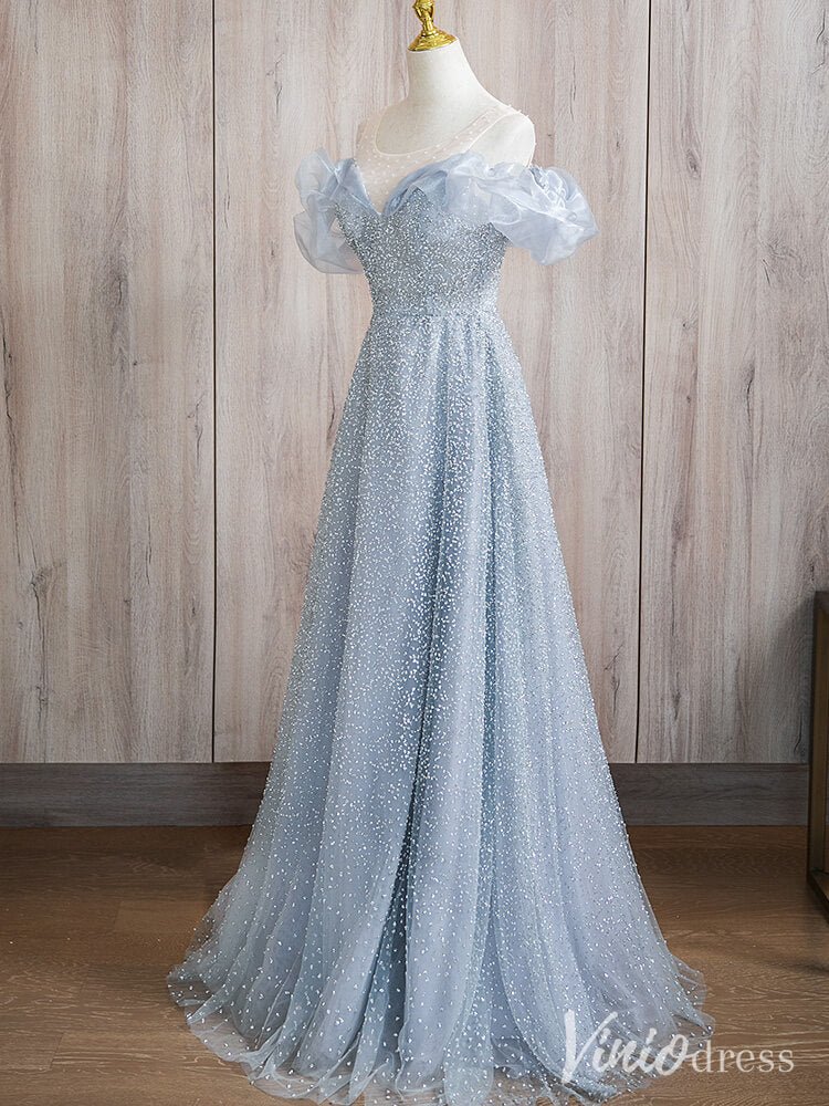 Light Blue Off the Shoulder Prom Dresses Beaded Ruffled Evening Dress AD1372 - Viniodressprom dressesLight BlueCustom Size - Formal Dresses - Ball Gowns