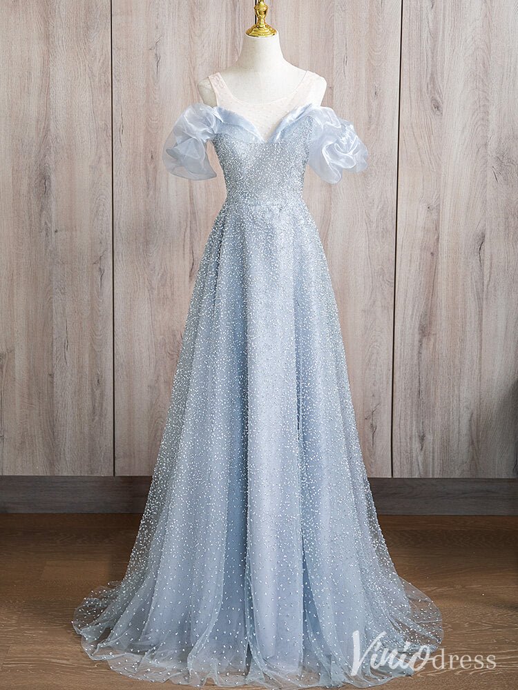 Light Blue Off the Shoulder Prom Dresses Beaded Ruffled Evening Dress AD1372 - Viniodressprom dressesLight BlueCustom Size - Formal Dresses - Ball Gowns