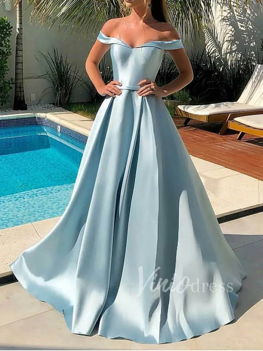 Light Blue Off the Shoulder Prom Dresses with Pockets FD1573-prom dresses 2025 -Viniodress-Light Blue-Custom Size-