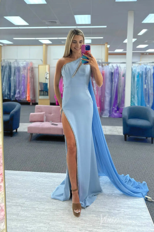 Light Blue One-Shoulder Pageant Dress with Rhinestone Trim and Chiffon Cape – PG011-prom dresses 2025 -Viniodress-Light Blue-Custom Size-