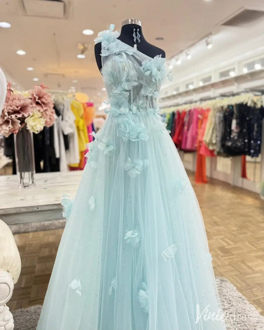 Light Blue One-Shoulder Prom Dress with 3D Flowers and Sparkle Details – FD6155-prom dresses 2025 -Viniodress-Light Blue-Custom Size-