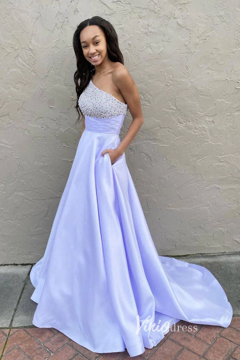 Light Blue One Shoulder Prom Dresses A-Line Beaded Evening Dress FD3036-prom dresses 2025 -Viniodress-Lavender-Custom Size-