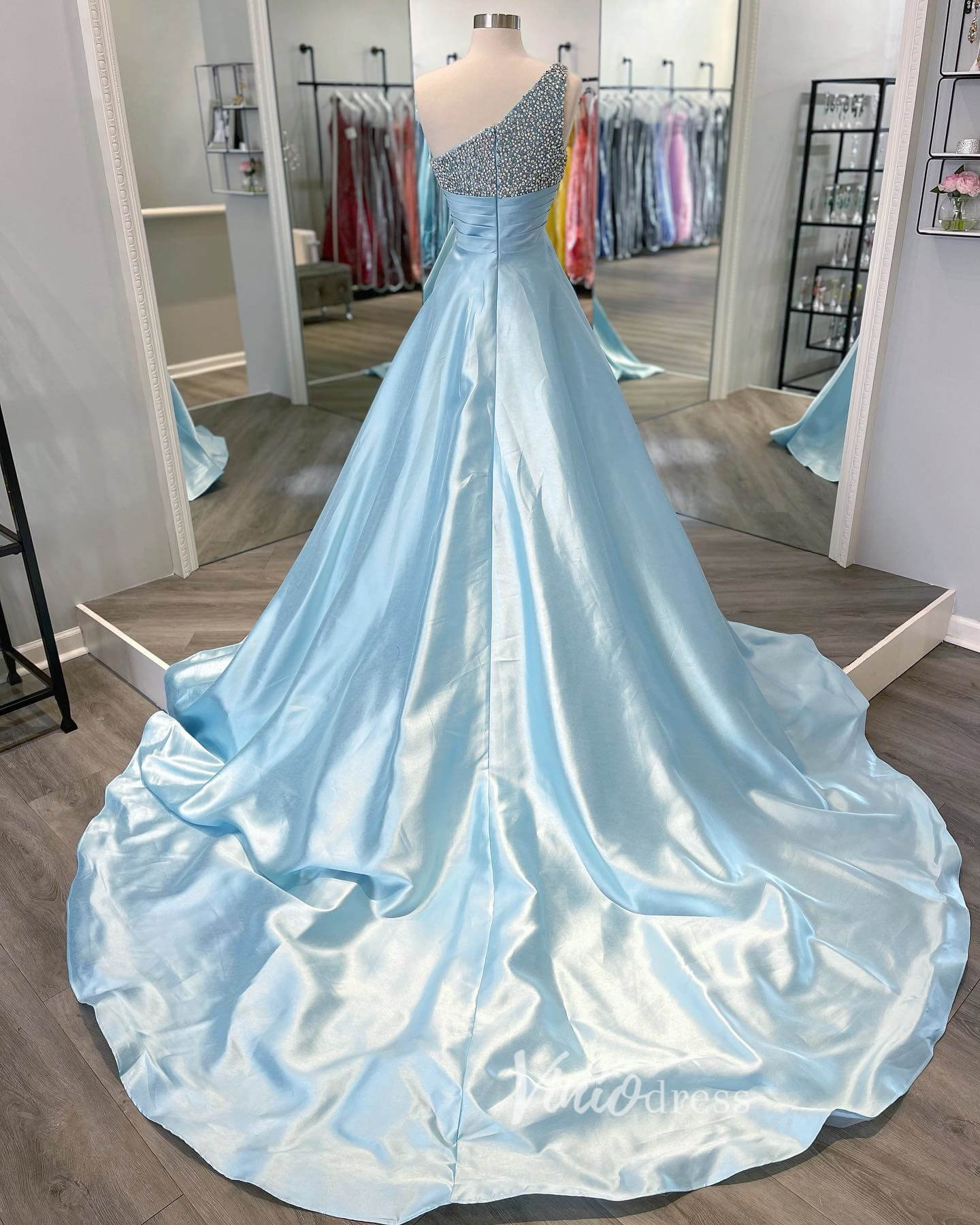 Light Blue One Shoulder Prom Dresses A-Line Beaded Evening Dress FD3036-prom dresses 2025 -Viniodress-Light Blue-Custom Size-