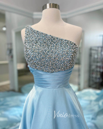 Light Blue One Shoulder Prom Dresses A-Line Beaded Evening Dress FD3036-prom dresses 2025 -Viniodress-Light Blue-Custom Size-