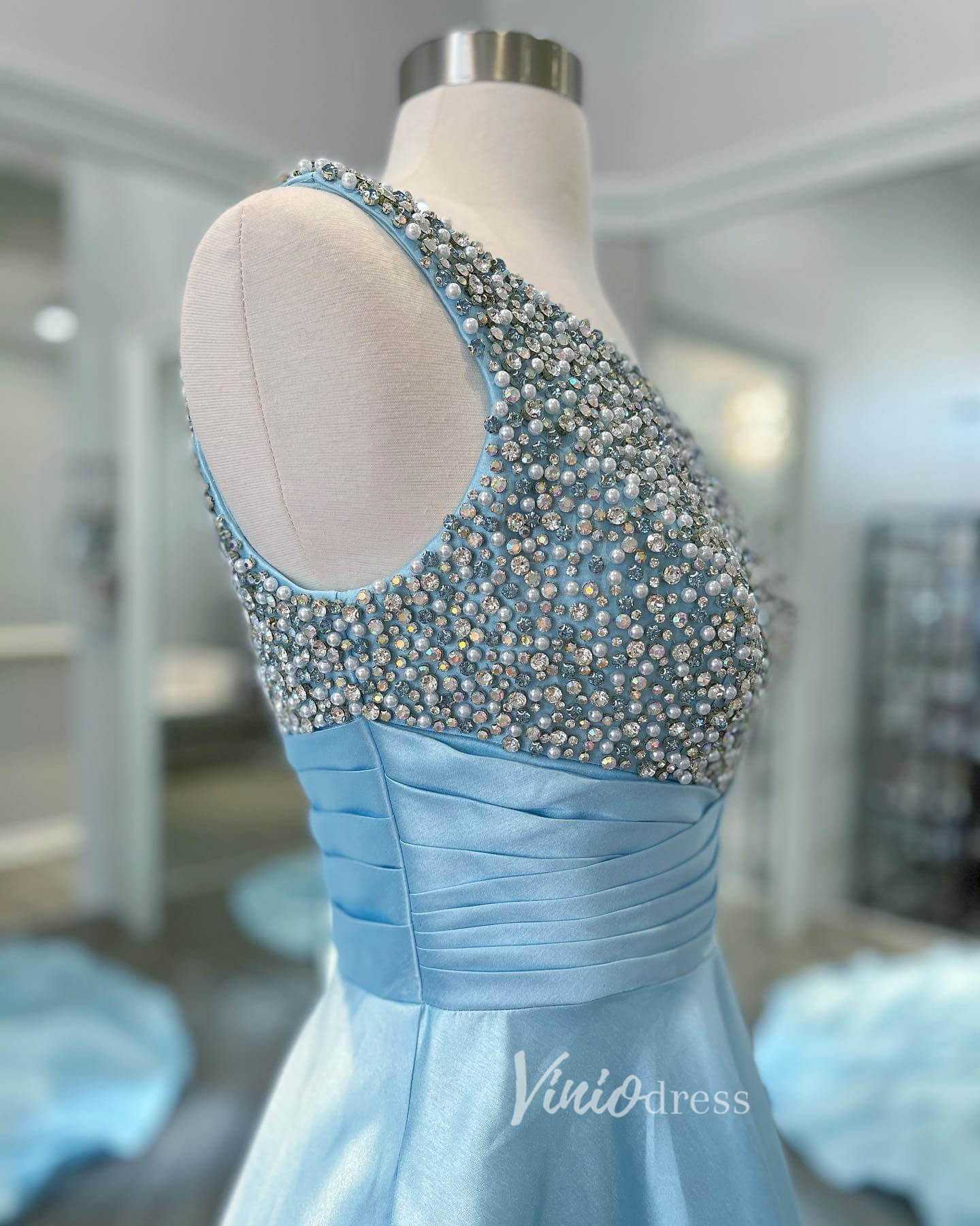 Light Blue One Shoulder Prom Dresses A-Line Beaded Evening Dress FD3036-prom dresses 2025 -Viniodress-Light Blue-Custom Size-