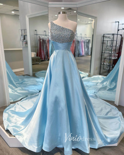 Light Blue One Shoulder Prom Dresses A-Line Beaded Evening Dress FD3036-prom dresses 2025 -Viniodress-Light Blue-Custom Size-