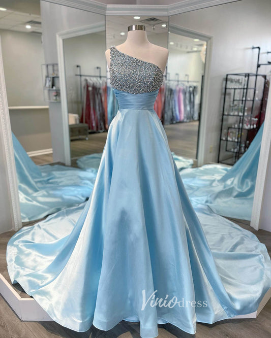Light Blue One Shoulder Prom Dresses A-Line Beaded Evening Dress FD3036-prom dresses 2025 -Viniodress-Light Blue-Custom Size-