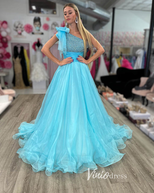 Light Blue One Shoulder Prom Dresses Organza Formal Gown FD3391-prom dresses 2025 -Viniodress-Light Blue-Custom Size-