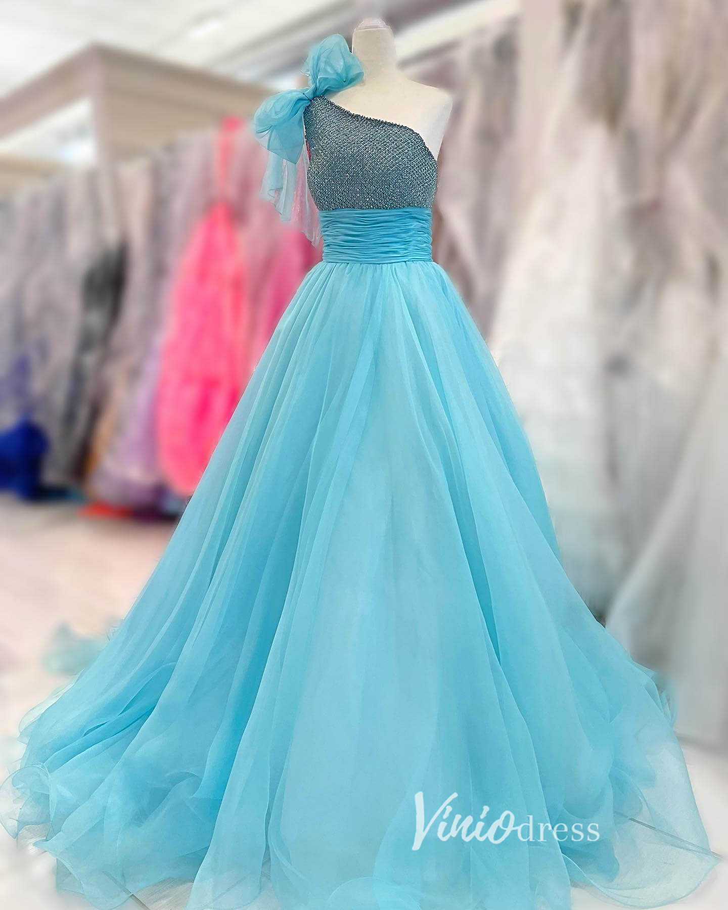 Light Blue One Shoulder Prom Dresses Organza Formal Gown FD3391-prom dresses 2025 -Viniodress-Light Blue-Custom Size-