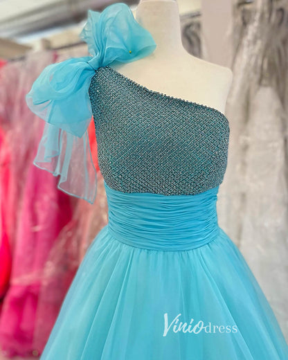 Light Blue One Shoulder Prom Dresses Organza Formal Gown FD3391-prom dresses 2025 -Viniodress-Light Blue-Custom Size-