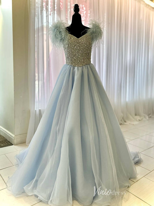 Light Blue Organza Prom Dresses Beaded Bodice Feather Shoulder FD4027 - Viniodressprom dressesLight BlueCustom Size - Formal Dresses - Ball Gowns