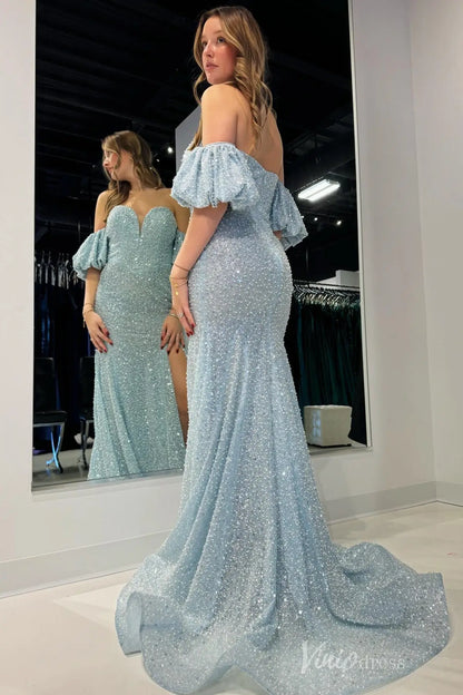 Light Blue Pearl and Sequin Off-Shoulder Prom Dress with Puffy Sleeves, Sweetheart Neckline, High Slit – SS057-bridesmaid dresses 2025 -Viniodress-Light Blue-Custom Size-