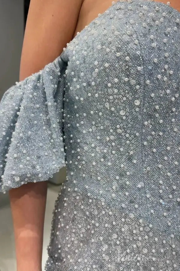 Light Blue Pearl and Sequin Off-Shoulder Prom Dress with Puffy Sleeves, Sweetheart Neckline, High Slit – SS057-bridesmaid dresses 2025 -Viniodress-Light Blue-Custom Size-
