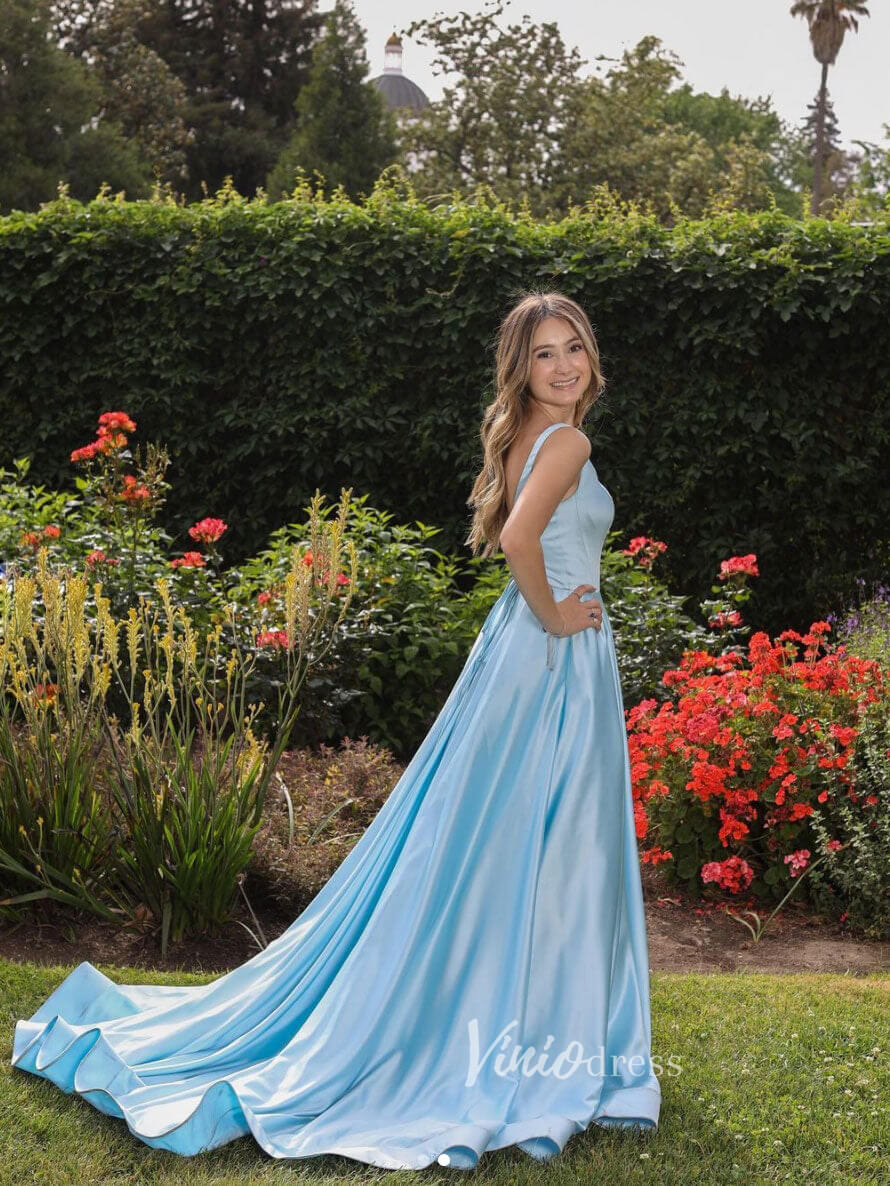 Light Blue Prom Dresses A-Line Satin Evening Dress FD3067 Viniodress Light Blue Prom Dresses A-Line Satin Evening Dress FD3067 Viniodress