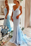 Light Blue Prom Dresses Spaghetti Strap Floral Evening Dress FD3375