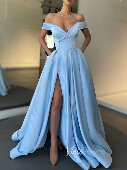 Light Blue Prom Dresses With Slit Off the Shoulder Evening Dress FD3075-prom dresses 2025 -Viniodress-Light Blue-Custom Size-