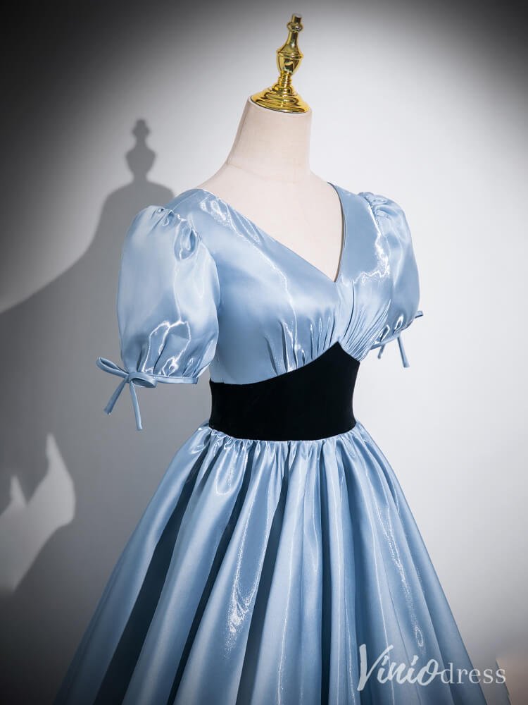 Light Blue Puffed Sleeve V-Neck Prom Dresses Smooth Satin Formal Dress AD1334-prom dresses 2025 -Viniodress-Light Blue-Custom Size-