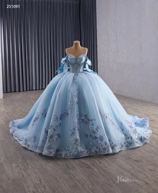 Light Blue Quinceañera Dress | Off-Shoulder Sparkly Debutante Ball Gown with Bow Sleeves 251091-Quinceanera Dresses 2025 -Viniodress-Light Blue-Custom Size-